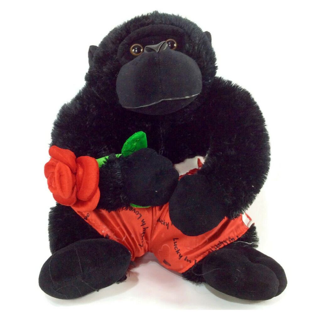 Black Gorilla Medium Red Lucky Shorts and Holding a Rose 14 Inches